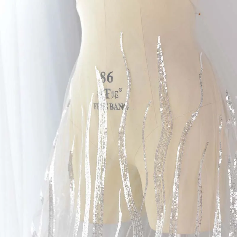 

1M Ivory White Luxury Sequins Mesh Tulle Lace Fabric 130cm Trim Ribbon for Wedding Dress Bride Gowns