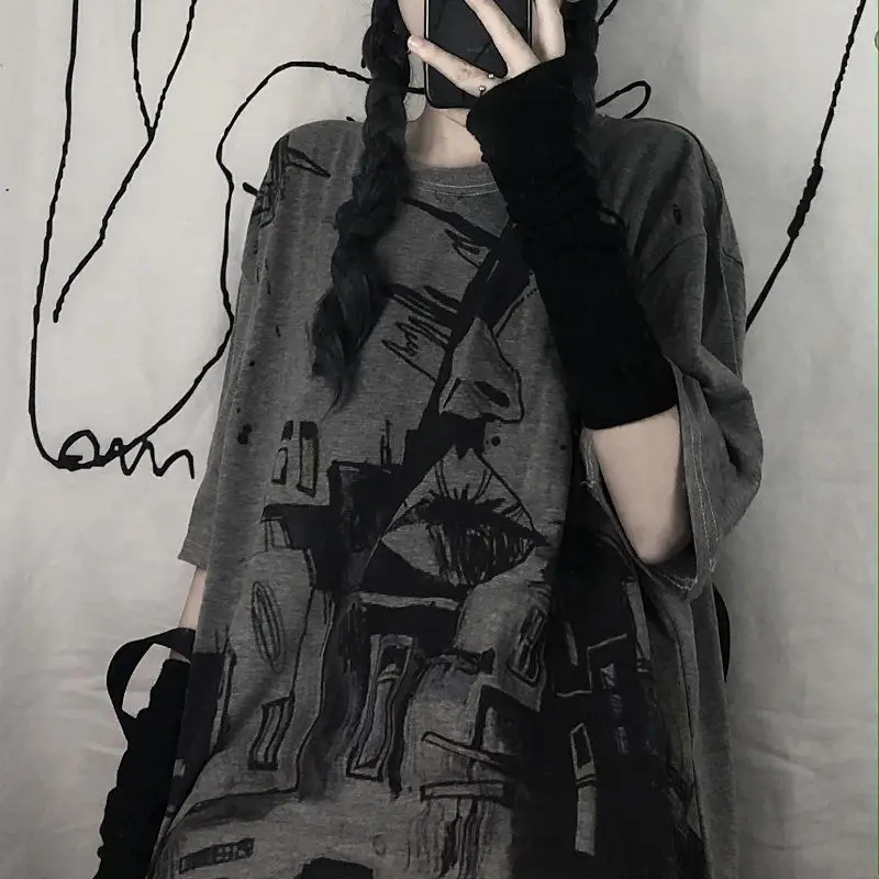 

Summer t-shirt for men women retro graffiti loose large-size short-sleeved t-shirt black hip hop top Harajuku oversize grunge