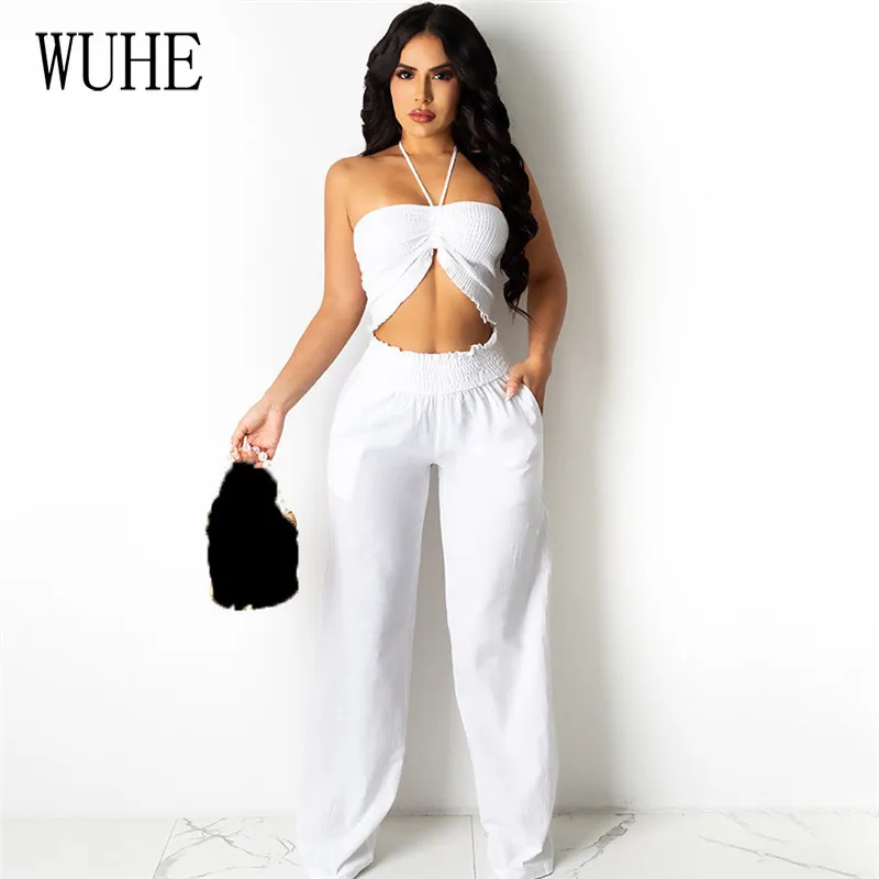 

WUHE Summer Casual Outfits Halter Breast Wrap Open Back Top and Pockets Loose Wide Leg Pants Elegant Sports Women 2 Piece Suits