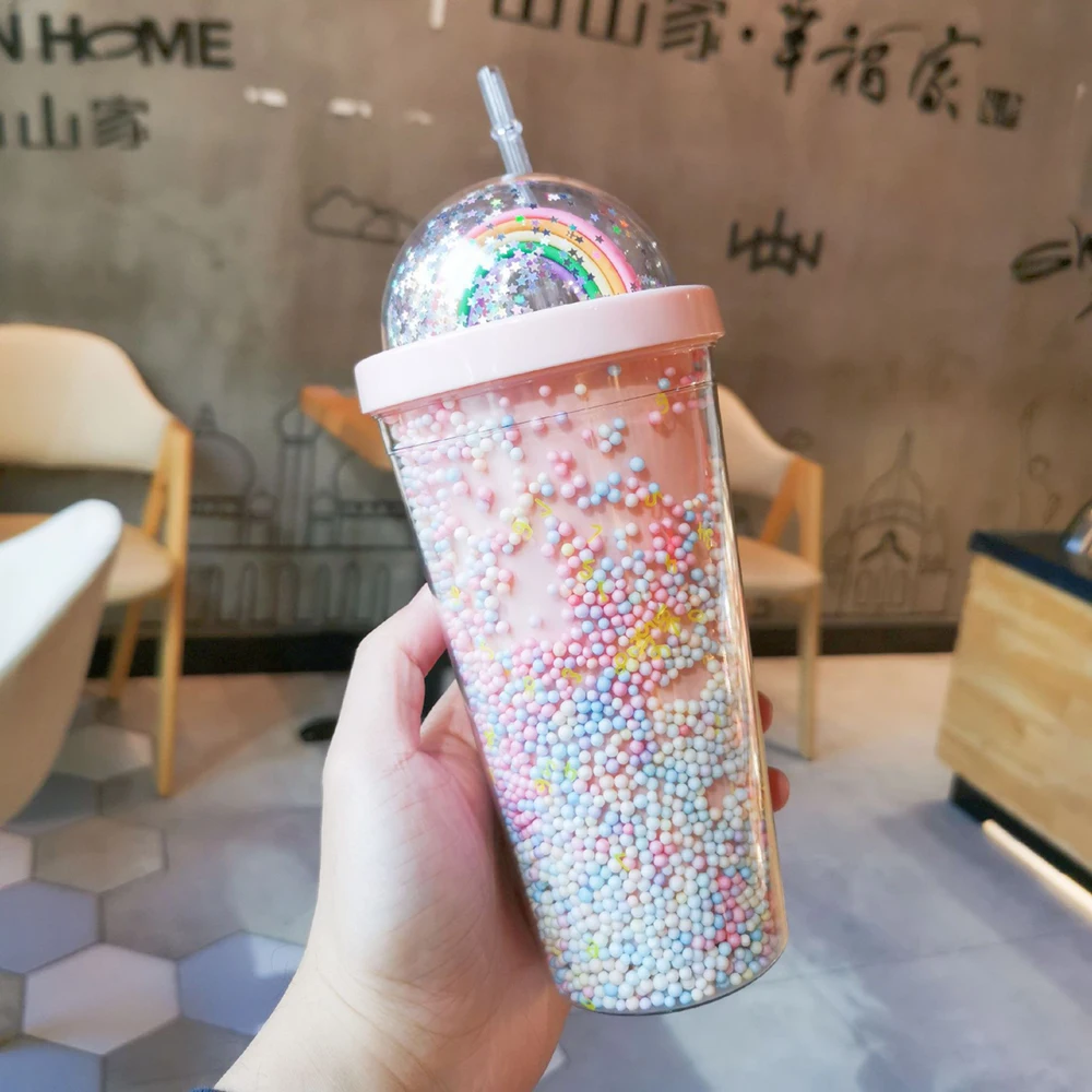 

550ml New Creative Rainbow Plastic Straw Cup Lovely Water Bottle Colorful Drinking Mug For Girls Students Portable Juice Cup