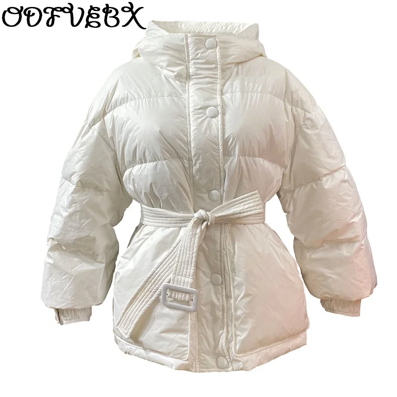 White Duck Down Jacket Women Winter Solid Belt Down Hooded Jacket Short Wild Casual Parka Coat Loose Warm Female Puffer Jackets