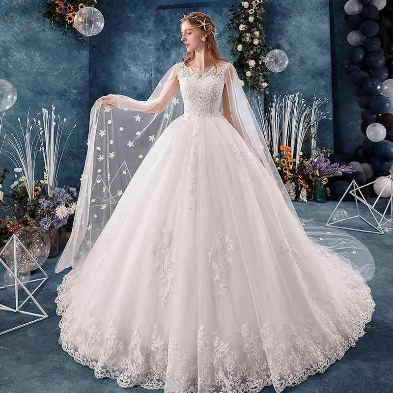  gy Vestido De Novia 2021 New Luxury Lace Bride Dress Elegant V-Neck Beading Wedding Dresses With Flowers Veil Princess Wedding G