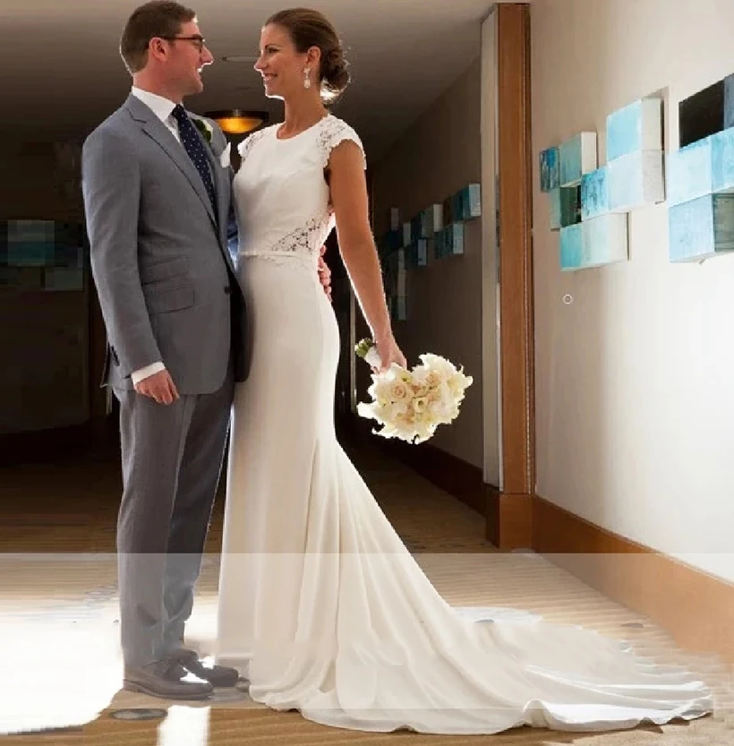 

Elegant Mermaid Wedding Dress Lace Cut Out Backless Sexy Bridal Gowns Jewel Cap Sleeves Long Wedding Dresses Custom Made