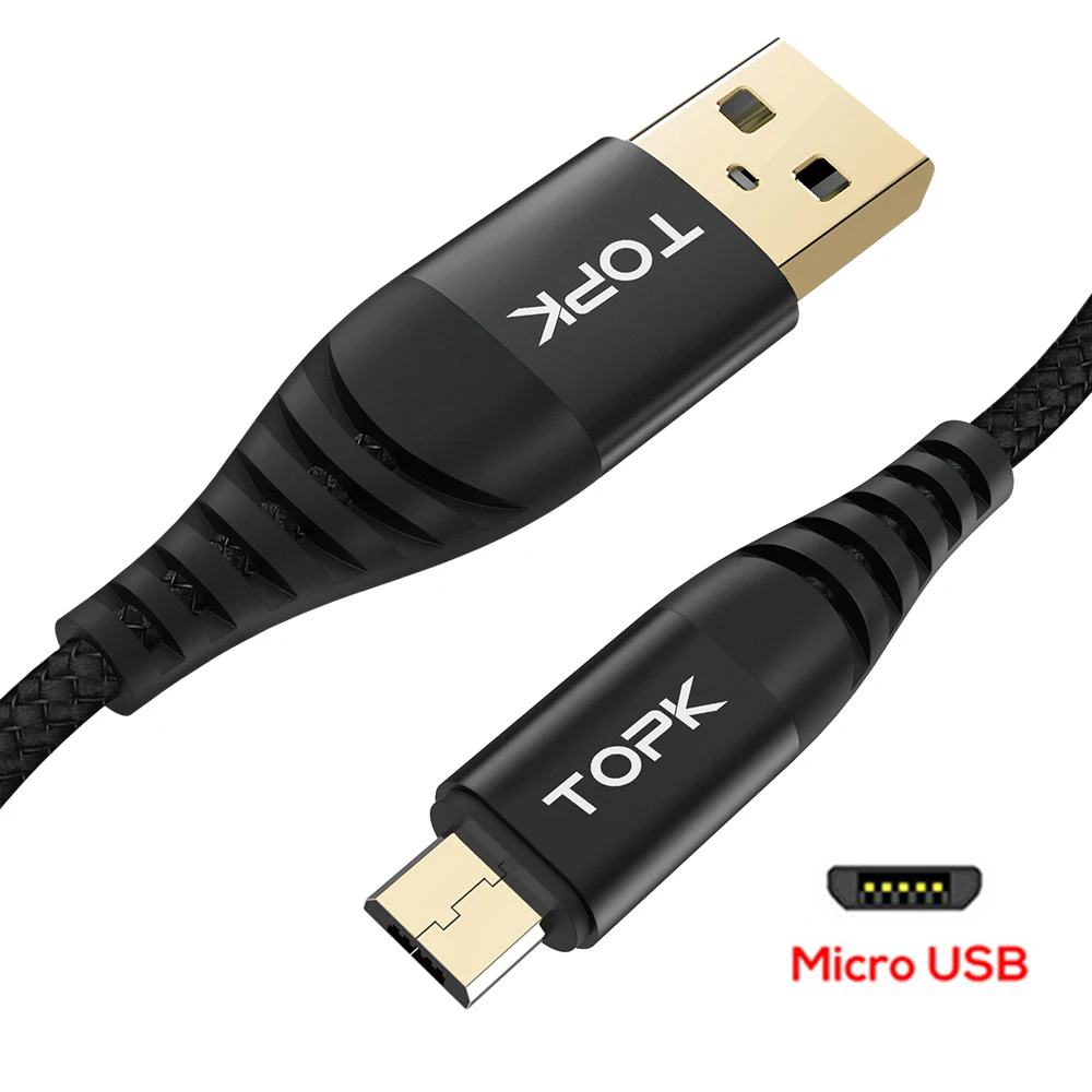 TOPK 1 м высокопрочный круглый кабель Micro USB кабель нейлоновый плетеный кабель для передачи данных для samsung Galaxy S7 край S6 Xiaomi Redmi Note 5 кабели для мобильных телефонов - Цвет: Black