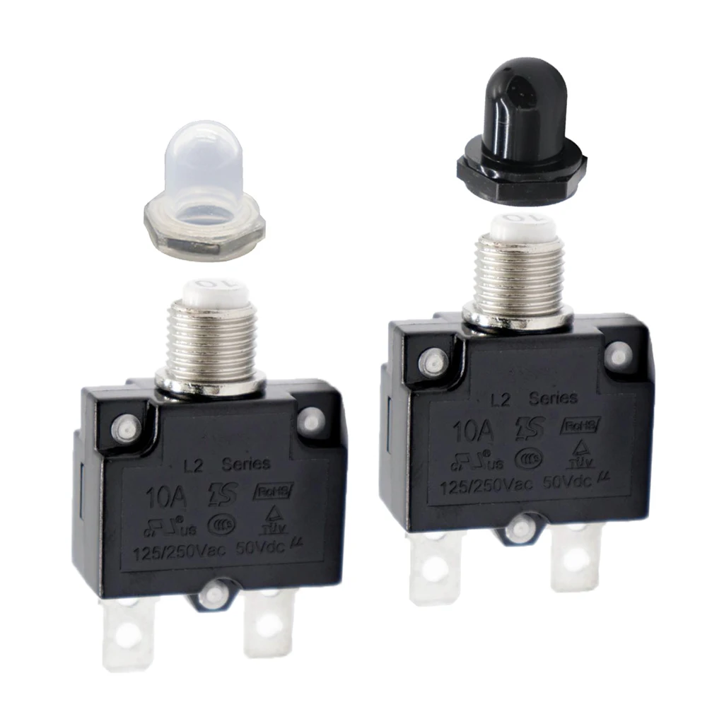 

2x AC 125/250V 10A Circuit Breaker 10AMP Push Button Resettable Thermal Panel Mount Overload Protector Waterproof Cap