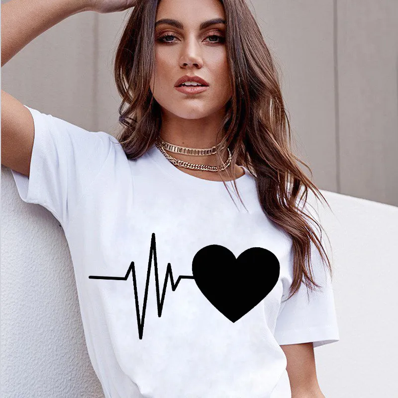Maycaur Heart Flower T Shirt Summer Women Short Sleeve Leisure Tops Tees Casual Female Shirts Loose Plus Size Woman Clothes | Женская