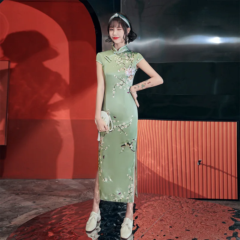 

Vintage Green Flower Print Cheongsam Stain Long Slim Dresses Elegant Female Chinese Dress Chinese Women Qipao Size M-4XL