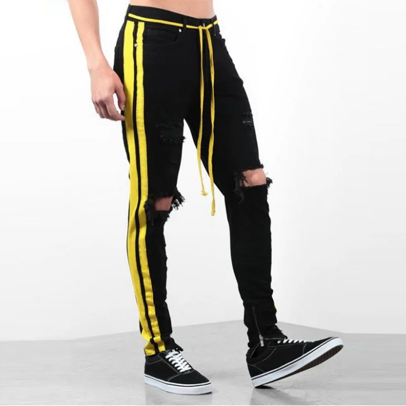 Мужские облегающие джинсы с дырками до колена в стиле хип хоп модные рваные