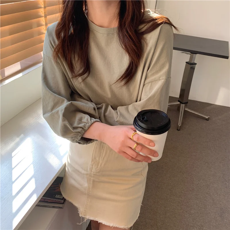 

Real shot 2021 new simple and loose long-sleeved lantern sleeve t-shirt top