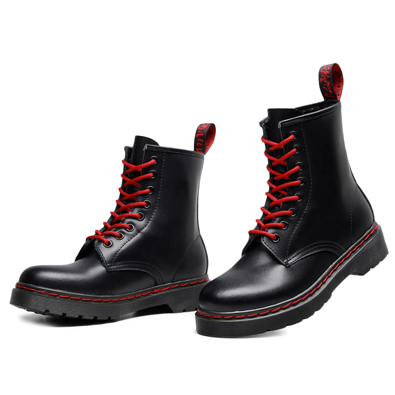 

Botas Martin De Couro Legítimo Macio, Sapatos Masculinos e Demininos De Cano Curto Com Cadarço Vermelho, Cabeça Redonda, Estilo