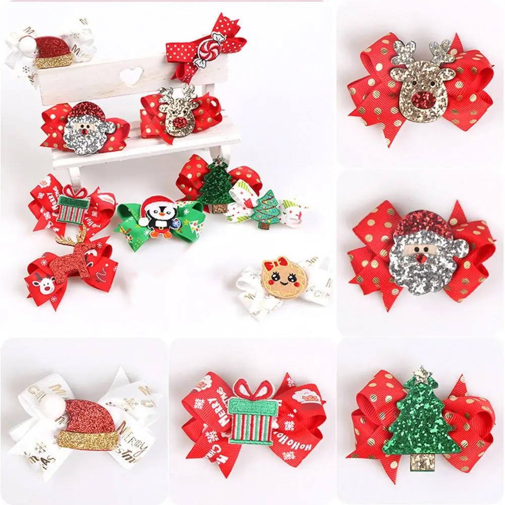 Блестящие рождественские Мультяшные заколки в форме банта с орнаментом шляпа