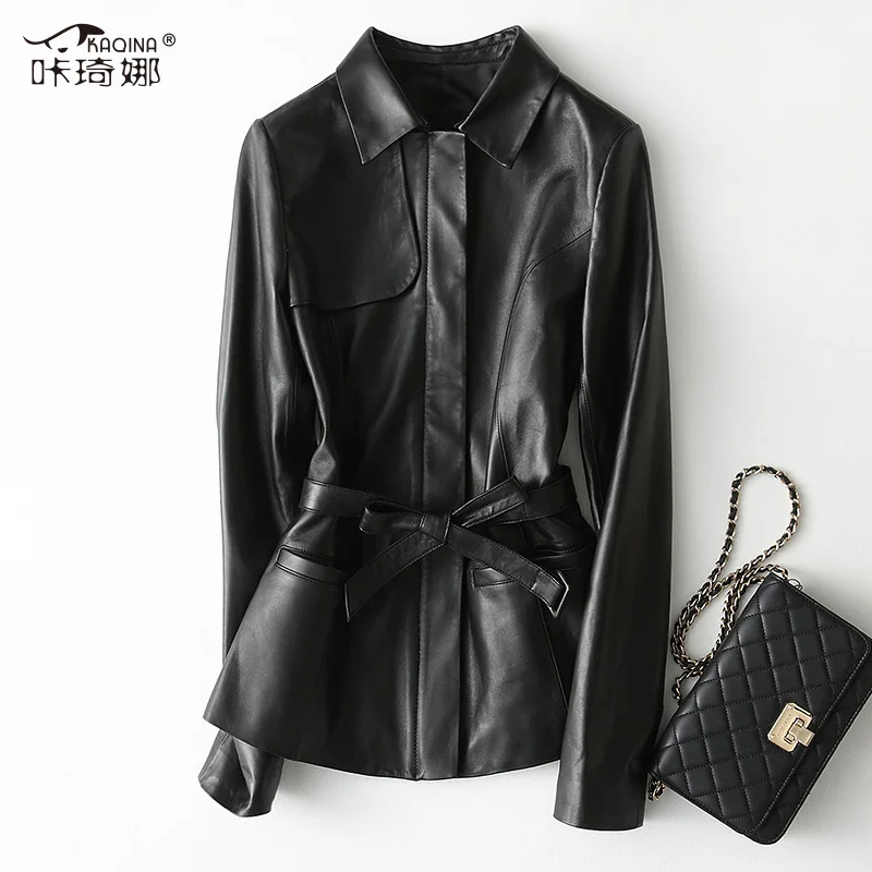 

SHZQ 2021 Spring New Sheepskin Leather Jacket with Waist Lace Up Leather Jacket Fashionable and Simple