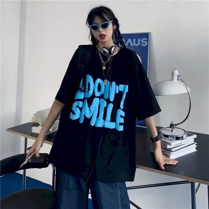 

Unisex t-shirts Harajuku oversized t-shirt women short sleeve foam printing Korean loose mid-length cotton goth punk basic top