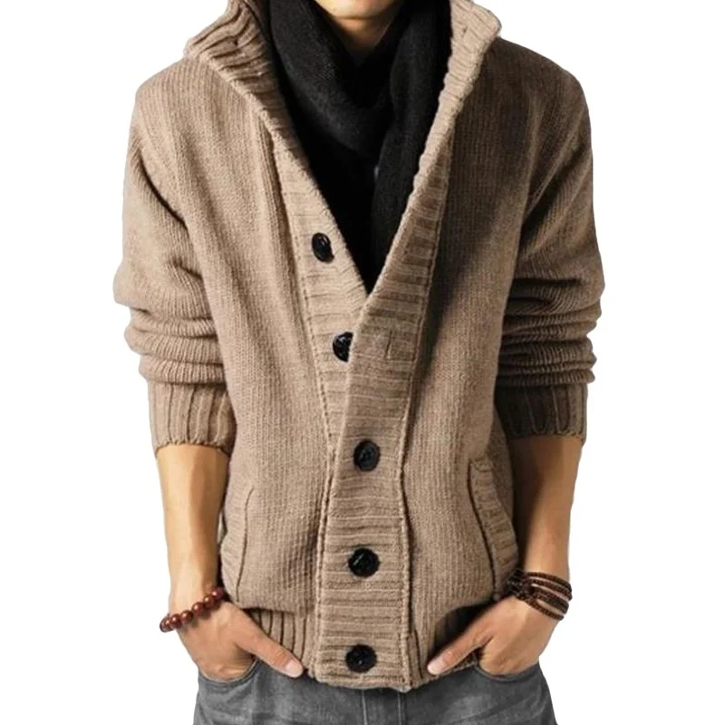 Кардиган мужской свитер модный вязаный свитер с воротником-стойкой мужская одежда с длинным рукавом однотонный кардиган на пуговицах паль...