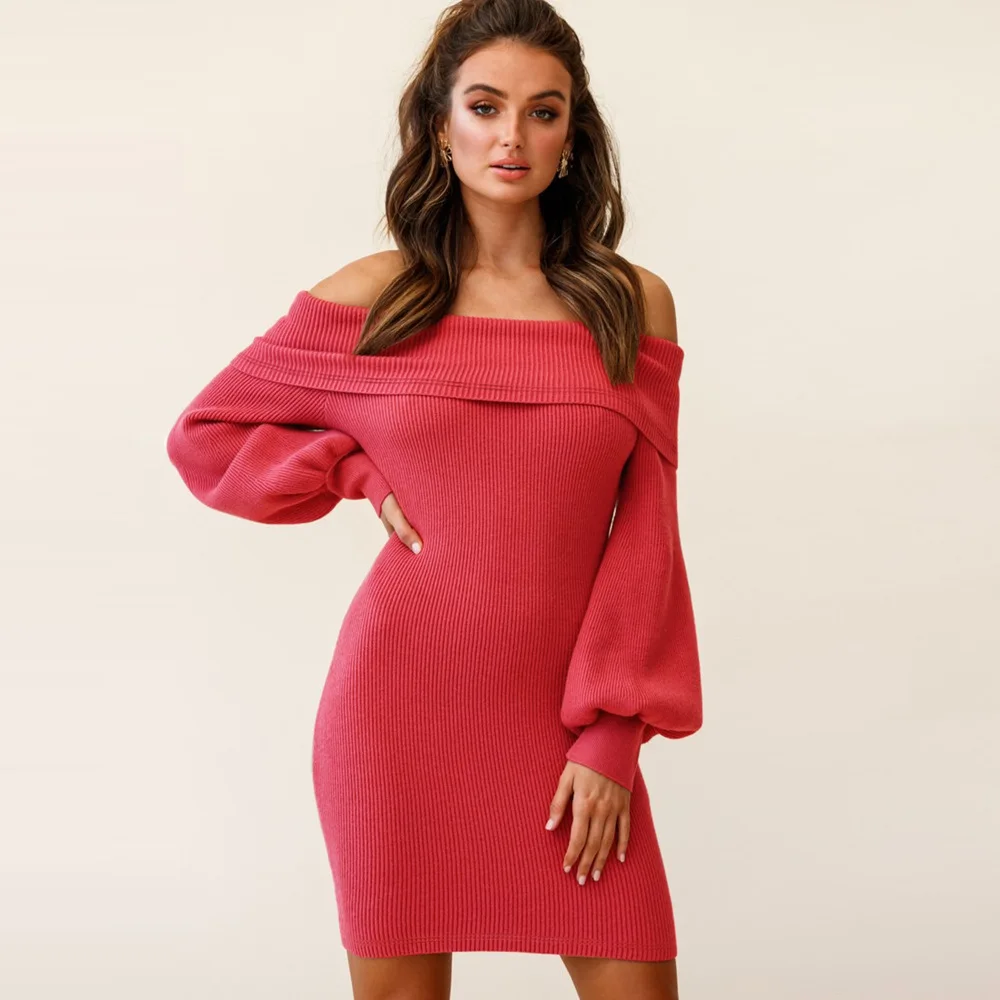 

Women Slash Neck Bodycon Mini Dress 2021 Autumn Winter Stylish Clothes Lantern Long Sleeve Dresses Sexy Knitted Pullover Vestido