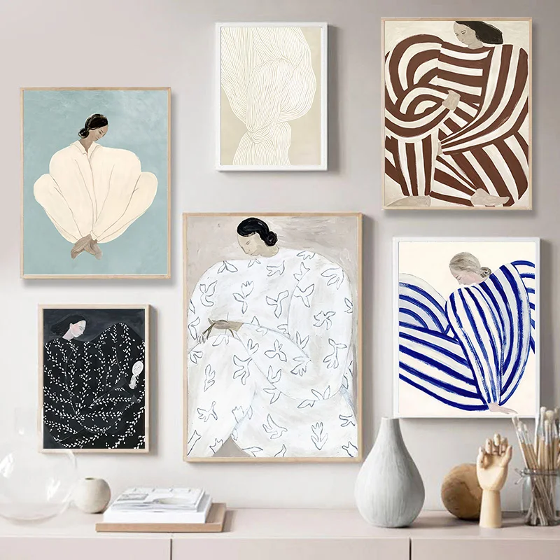 Абстрактный женский художественный печать на холсте Крутая картина винтажного окраска скандинавского линейного искусства Набросок на стену современного декора дома.