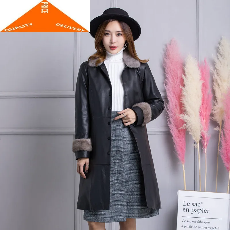 

Jacket Winter Genuine Women Korean Long Real Mink Fur Collar Sheepskin Coat Female Leather Duck Down Coats 866