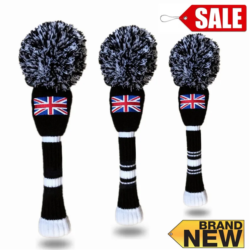 

Golf Head Cover Knit Pom Pom Wool Putter Wood 3 Pcs Driver Knitted Golf Club Headcovers Sleeves Wooly Sock Black Accessories Set