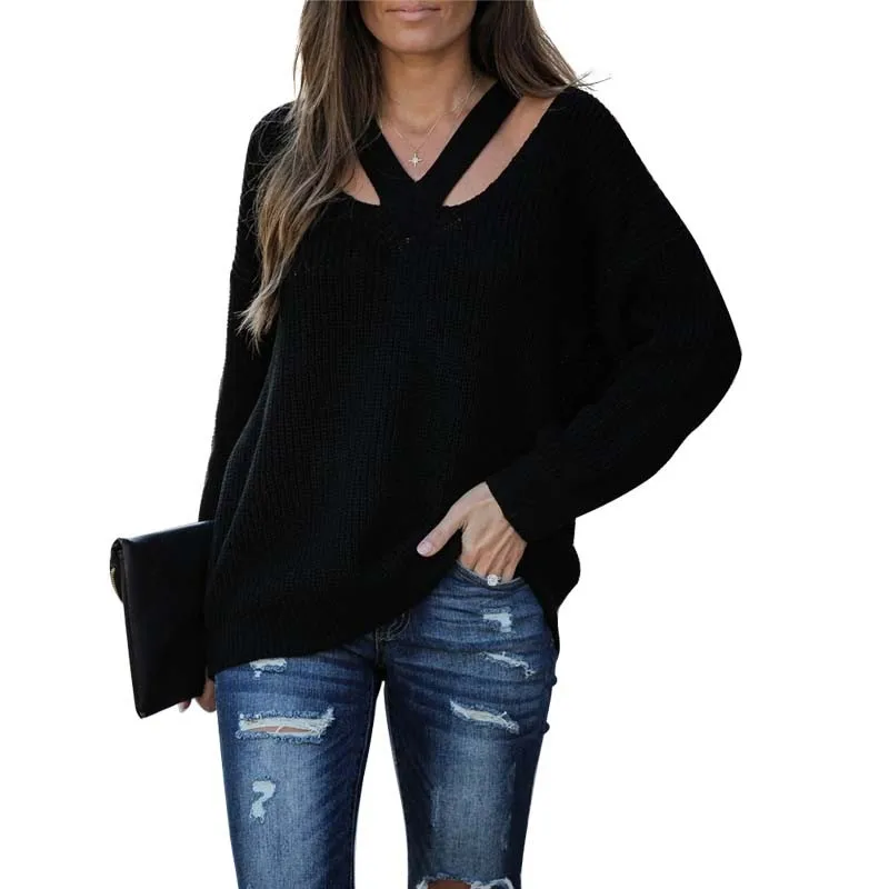 

Spring Autumn New Solid Color Sweater Tops For Women V-neck Long Sleeve Female Elegant Knitted Pullover Plus Size