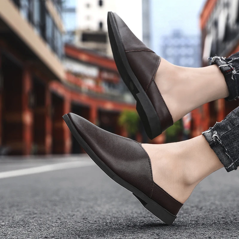 Мюли мужские из натуральной кожи дышащие шлепанцы без застежки плоская подошва