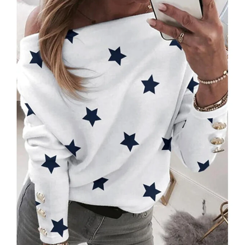

Sexy Off Shoulder Star Print Shirt Tops Women Skew Collar Casual Long Sleeve Blouse Spring Sweatshirt Blusa Pullover Streetwear