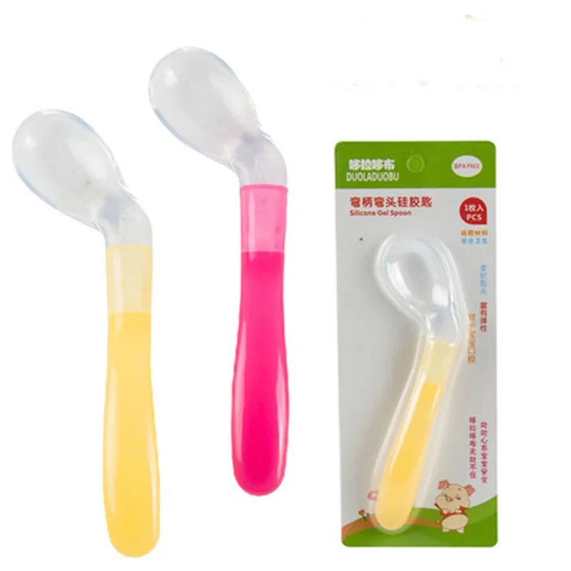 

Baby Spoon Safety Silicone Feeding Flatware Baby Feeder Utensils Feeding Spoon Tableware Bend Spoons 3 Colors B1114