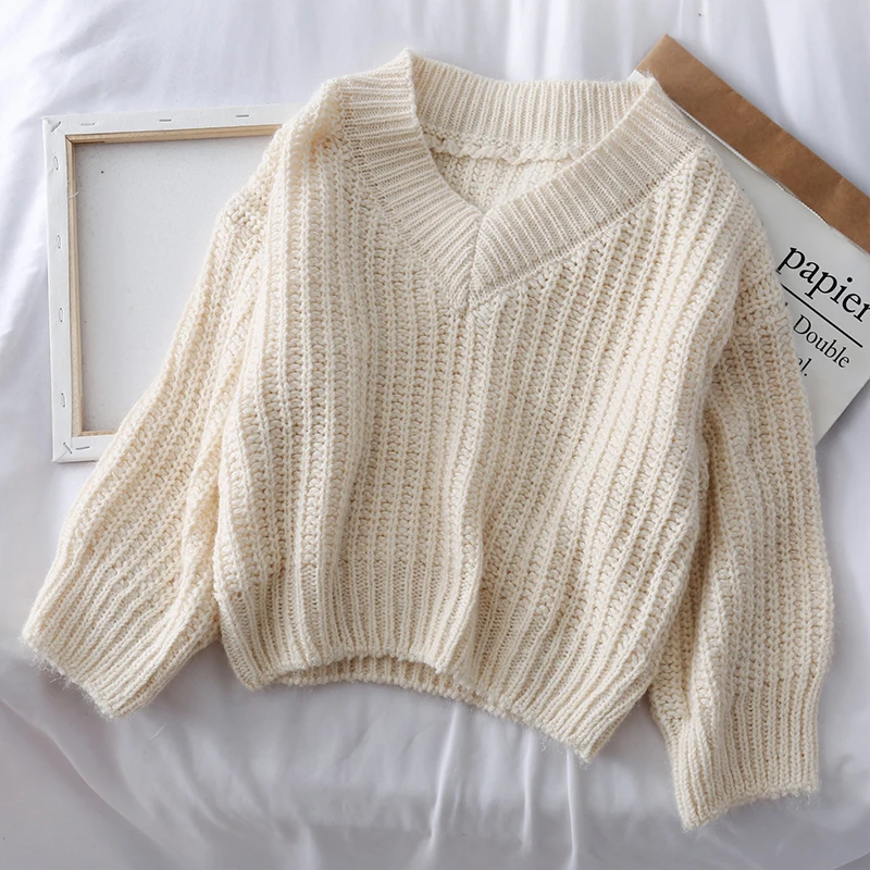 2019 Новая мода Женская одежда свитер v-образный вырез длинный рукав свитера