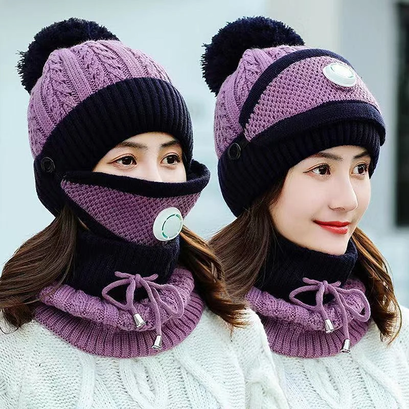 

Women's Warm Solid Plus Thicken Scarf Mask Hat Three-Piece Knit Windproof Cap Women Fashion Keep Soft Hats Female