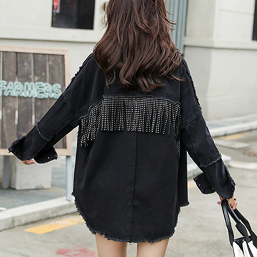 

Black Women's Denim Jacket Loose Autumn Mental Covered Single Breasted Coat Sequined Tassels Streetwear Fashion Outwear