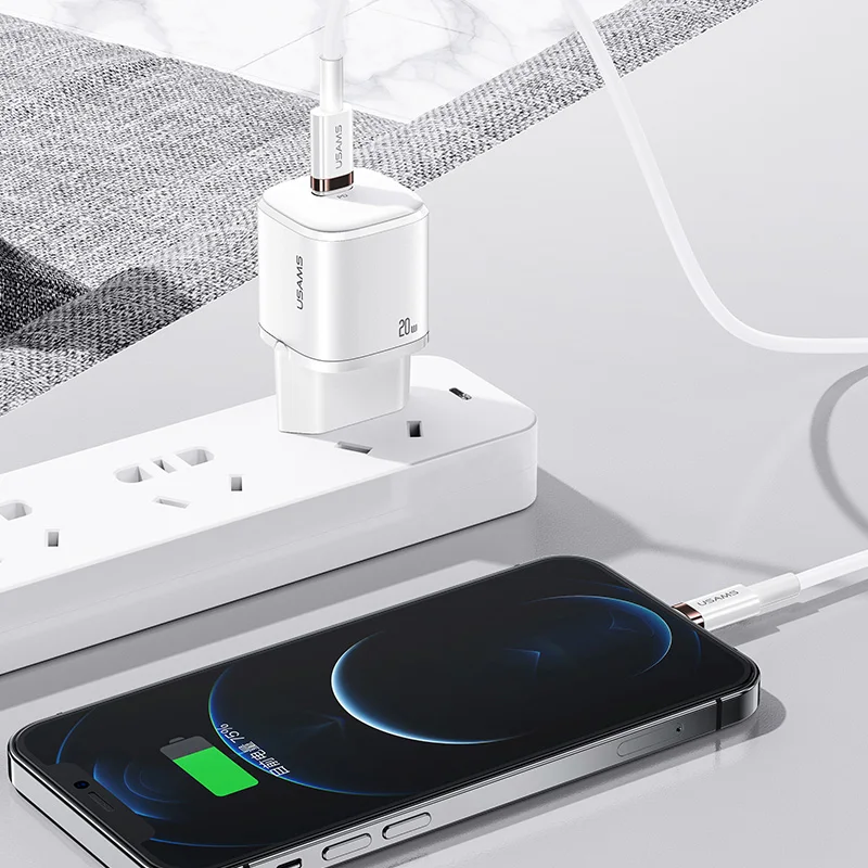 USAMS PD 20W Fast Charger +Type C To Lightning Cable Set For iPhone 12 12 Pro Max Mini QC4.0 QC3.0 Quick Charging  Wall Charger
