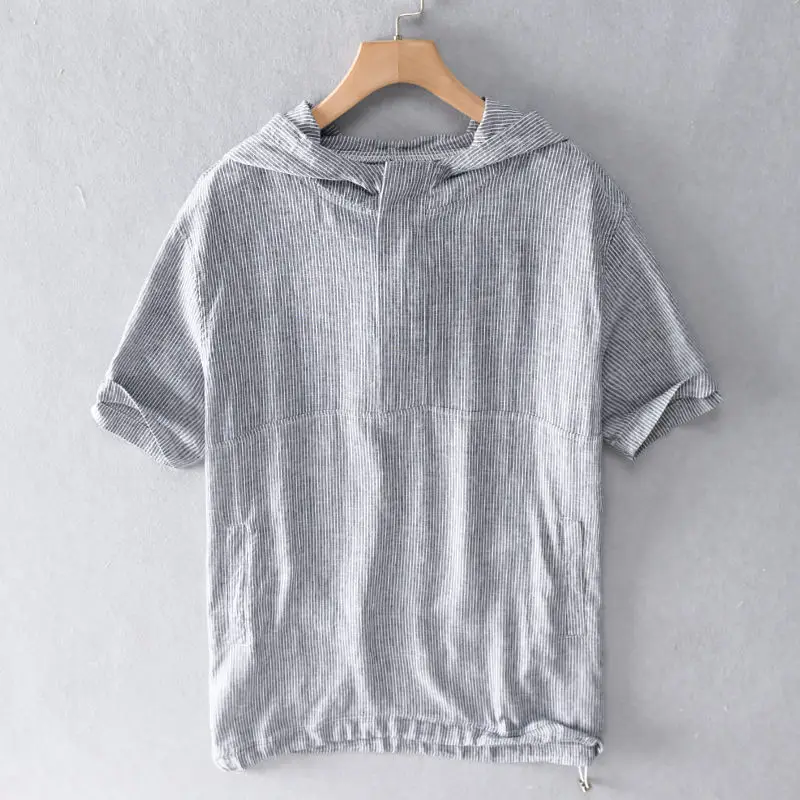 

2021 summer men's new linen hooded short-sleeved shirt fashion sports loose thin section Japanese trendy men's pullover top