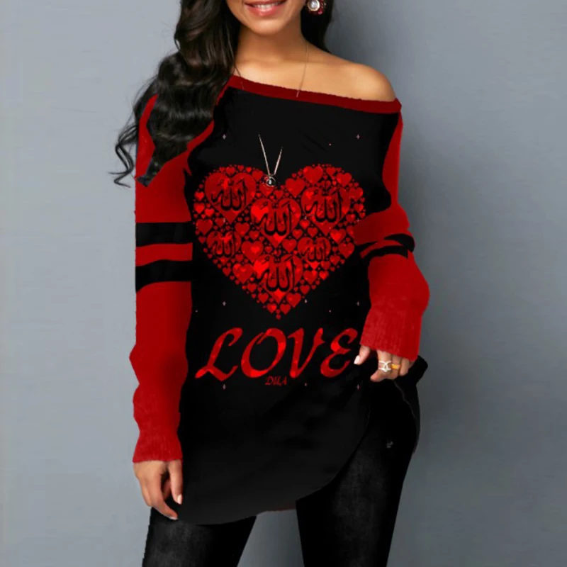 

Женская блузка с круглым вырезом и открытыми плечами, джемпер, модные женские топы с надписью Love, пуловер, Повседневная Свободная рубашка с ...