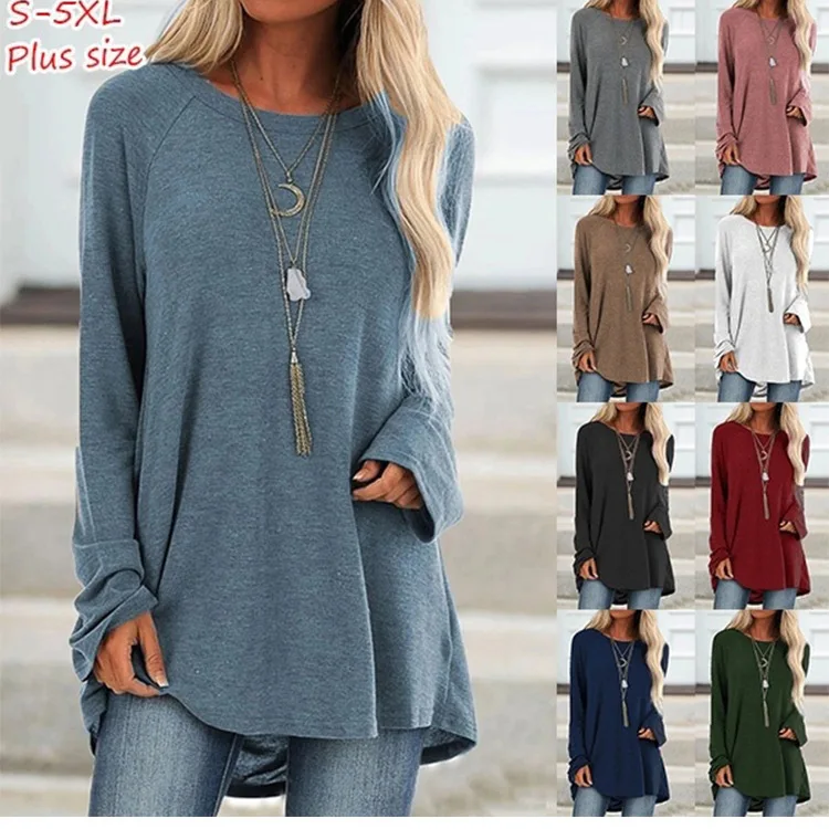 

Autumn style solid color casual large size round neck loose long-sleeved pullover T-shirt mid-length
