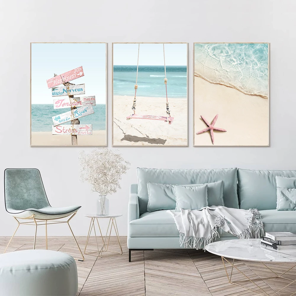 Живопись на холсте "Розовый цветок", "Кремовый Ананас", "Синий пляжный плакат" и печать для декора жилого помещения в интерьере гостиной для домашнего декора.