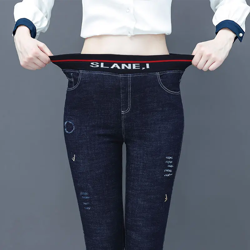

2021 spring single pants thin middle aged high waist jeans women's new elastic large slim pants