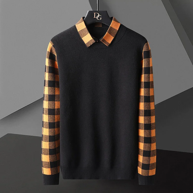 

Рубашки в японском и корейском стиле, новинка, мужской свитер с имитацией двух предметов, уличная одежда, рубашка в клетку с отворотом и воро...