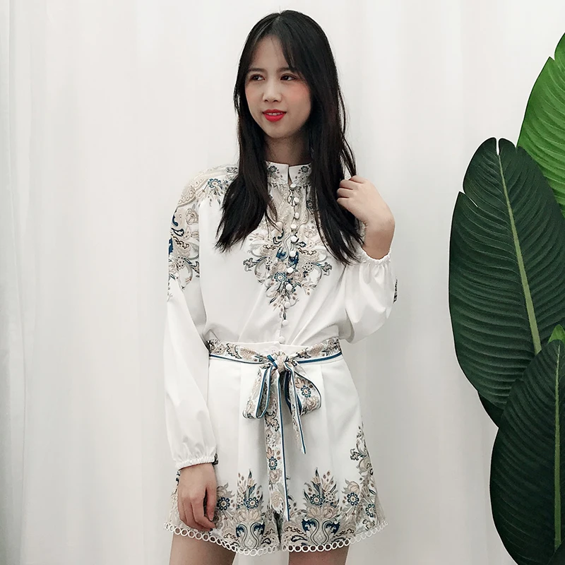 to wind New National suit the 2021 women s French lady printed shirt wide legged pants two piece
