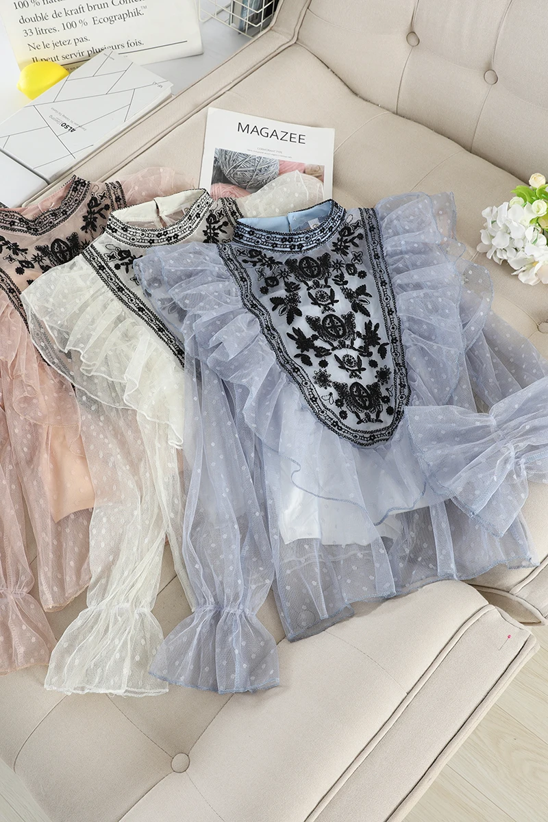 

Autumn New Korean Mesh Crocheted Hollow Lace Shirt Women's Loose Thin Flared Sleeve Ruffle Top D133