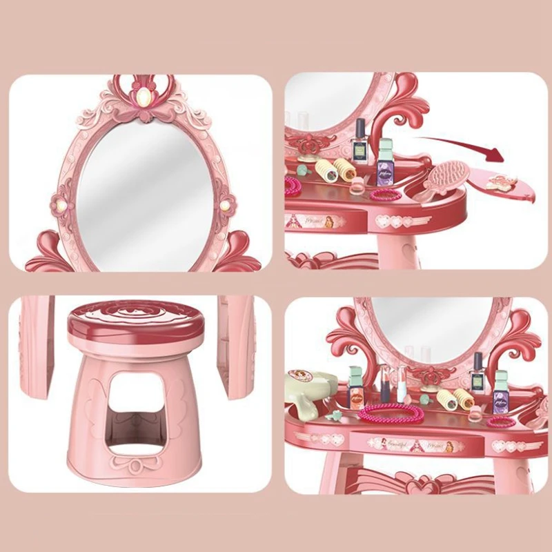 

Girls Toddler Vanity Table Set Kids Toy with Sound and Light Mirror Beauty Accessories Little Princess Pretend Play Toys