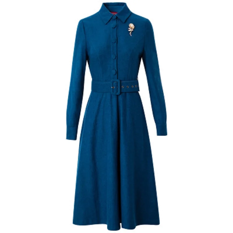 

2020 New Solid Woolen Dress Women's Autumn and Winter New Style Retro Elegant Waist Closing Mid Length A-line Skirt with Belt