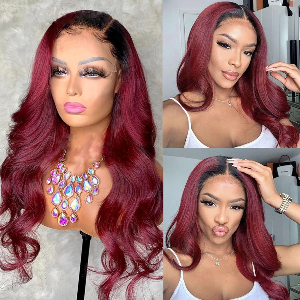 

Oulaer Brazilian 1b/99j Body Wave Wig For Black Women Ombre Burgundy 13x4 Invisible HD Lace Front Human Hair Wig Pre Plucked