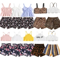 2pcs toddler girl summer suspender tops leopard bow decoration shorts outfits clothes set