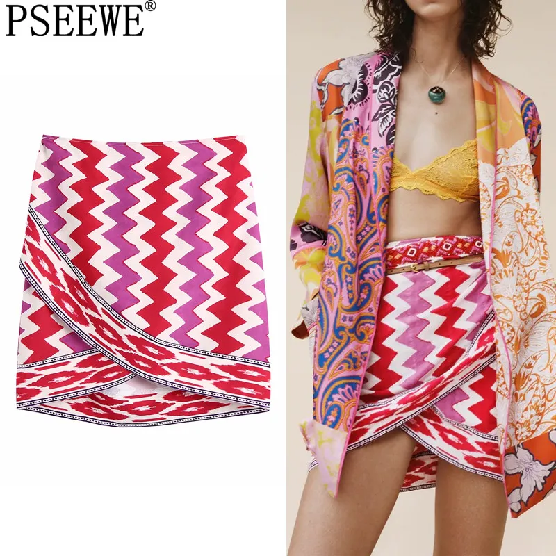 

FAKUNTN 2021 Wrap Skirt Women Beach Sarong High Waist Mini Skirts Woman Fashion Print Asymmetric Hem Short Summer Skirt