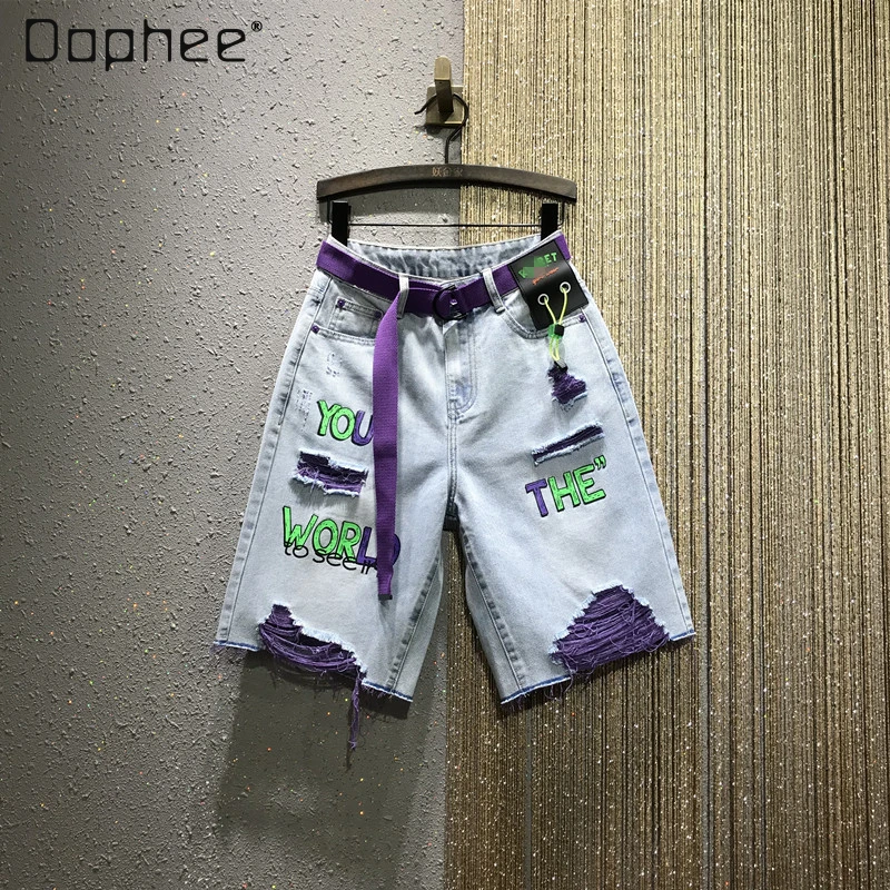 

2021 Spring and Summer Colorful Ripped Letter Print Graffiti Jeans Women's New Straight Shorts