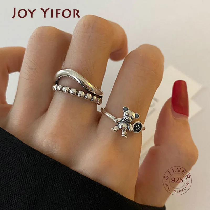 

925 стерлингового серебра медведь кольца наовая коллекция креативное полые волны многослойные с геометрическим узором в винтажном стиле, са...