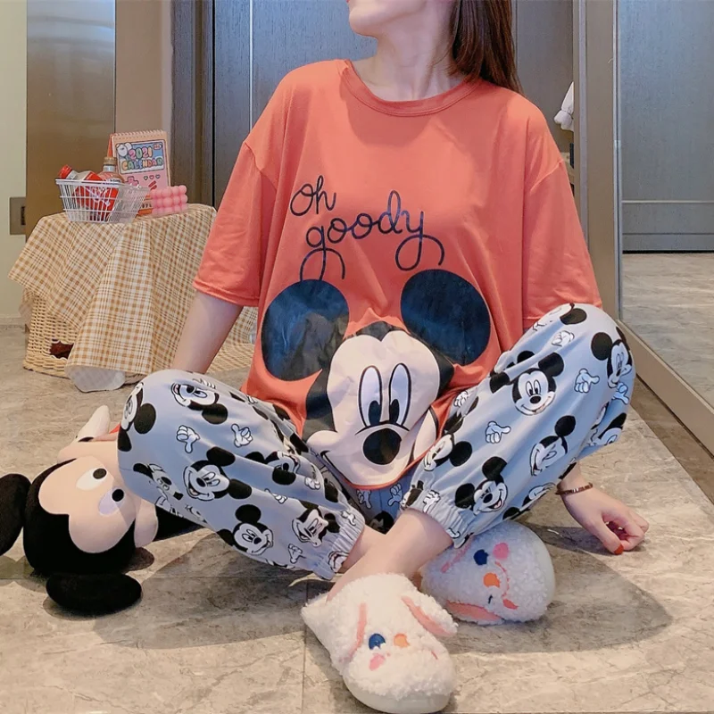 Disney Cartoon Mickey Mouse Cute Kawaii Pajamas Set for Women Summer 2021 Soft Short Sleeve Top Pant Pyjama Sets Pijama Feminino