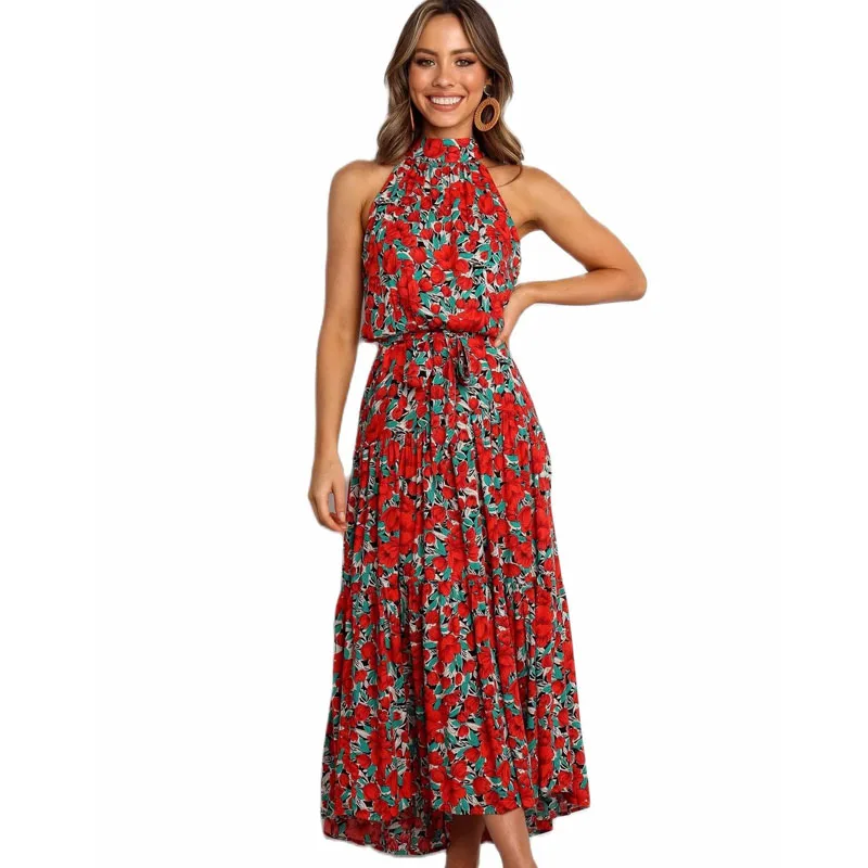 

Summer Floral Print Dresses Sleeveless Halter Strapless Bohemia Beach Dress 2021 Fashion Casual Red Sundress Plus Size For Women
