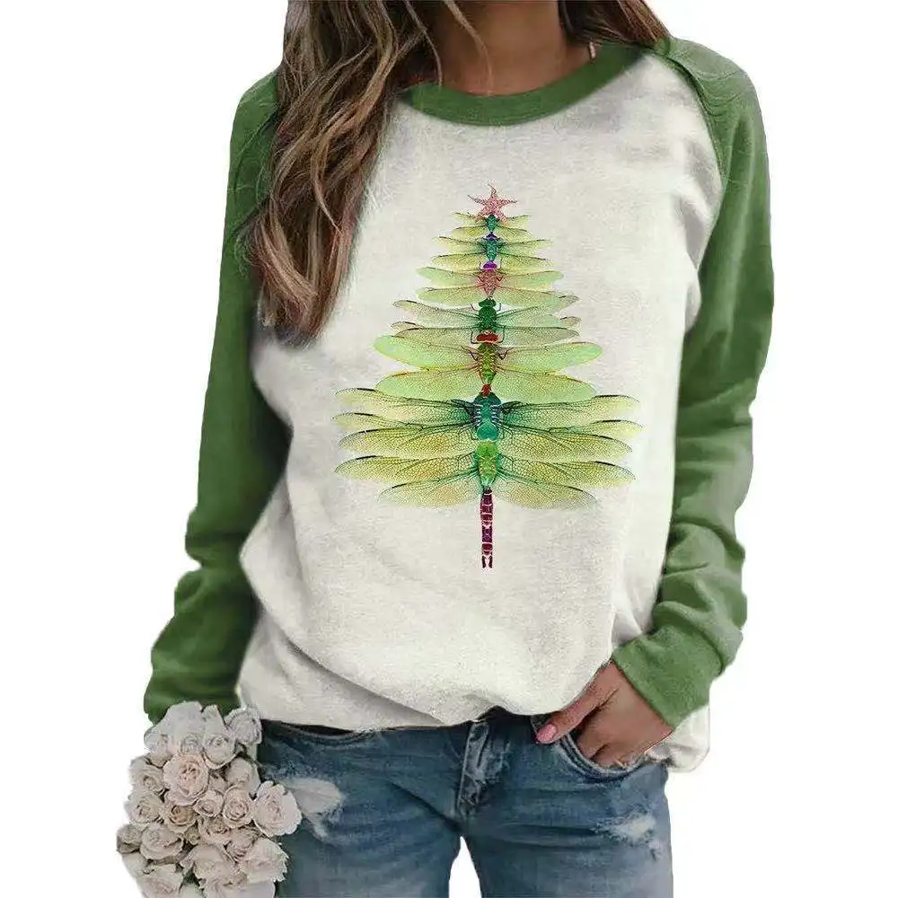 

Carney popular women's sweater Dragonfly Christmas tree round neck Raglan long sleeve sweater