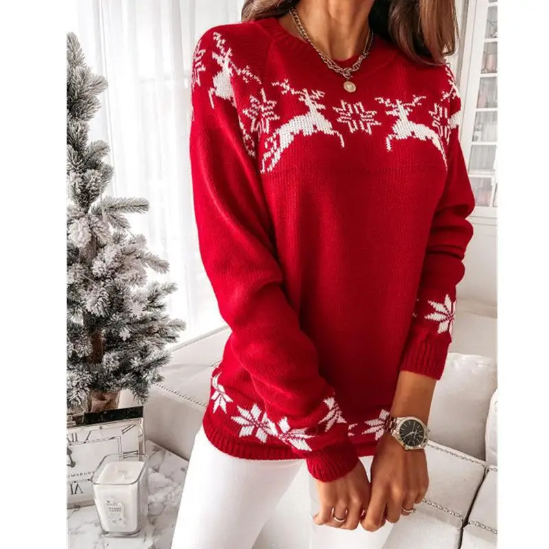 

Winter 2021 Women's Christmas Moose Knitting Shirt With Round Neck And Long Sleeves Printed Sweater Casual Versatile Loose Top