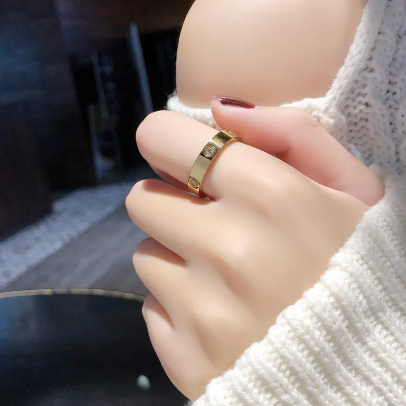 Trendy Stainless Steel Slimming Rose Gold Color Love Ring for Women Men Couple Crystal Rings Luxury Brand Jewelry Wedding Gift | Красота и